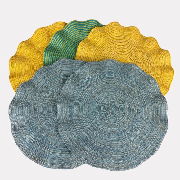 Pier 1 Imports Five Piece Round Ruffle Edge Placemats Blue Yellow Green Metallic - Picture 1 of 8